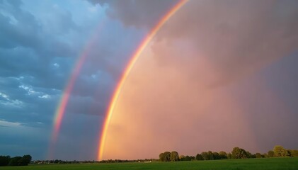 Vibrant rainbow arched across a summer sky after a rain shower , natural phenomenon, colors