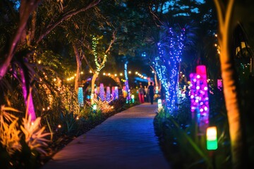 Naklejka premium Blurred night festival with glowing garden lights