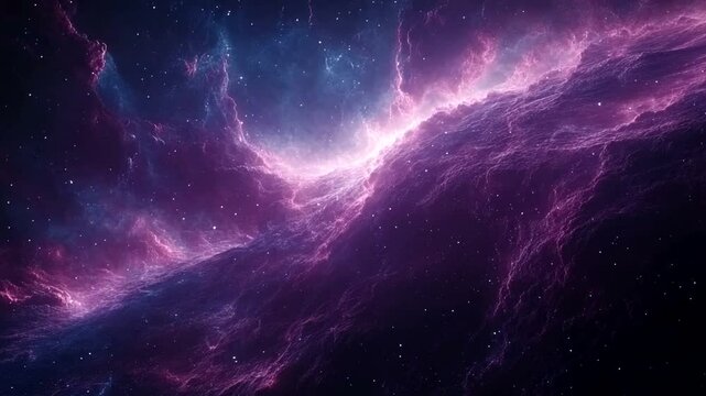 A breathtaking cosmic landscape of swirling purple and pink nebulae, brilliantly illuminated and interspersed with countless distant stars