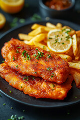 Crispy fish and chips, a classic comfort food. Served with lemon, perfect for a quick meal. Simple, delicious and satisfying.