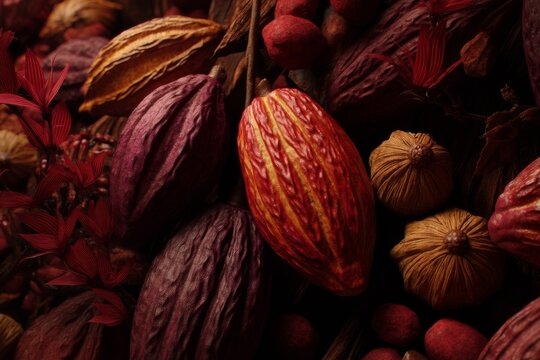 A stunning close-up of various ripe cocoa pods arranged to display natural textures and colors.