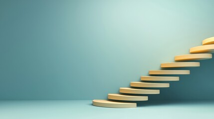 Self-improvement, productivity and positivity concept. A minimalist design featuring wooden stairs ascending against a soft blue wall, symbolizing progress and elevation.