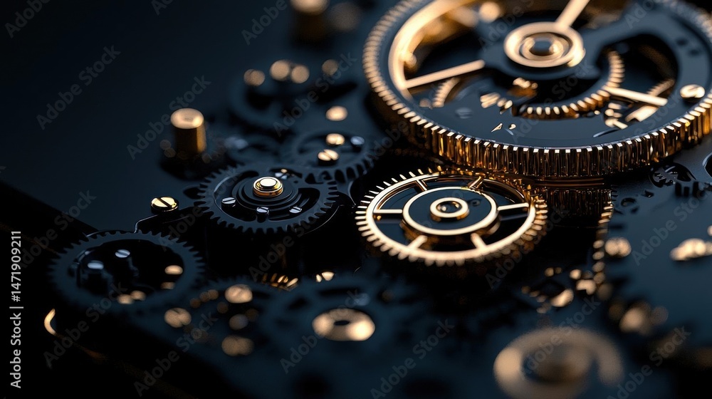 Poster close-up of a mechanical clock mechanism. the background is black, and the focus is on the intricate