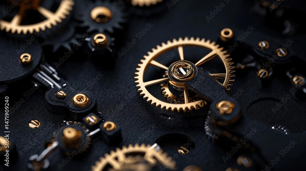 Poster close-up of a mechanical clock mechanism. the mechanism is made up of multiple gears and cogs, all o