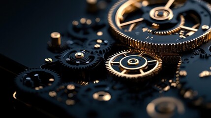 Close-up of a mechanical clock mechanism. the background is black, and the focus is on the intricate gears and cogs. the gears are gold in color and appear to be made of metal.