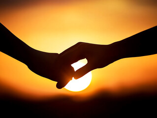 Golden Sunset Silhouette  Two Hands Clasped in Friendship  Love  Support  Unity