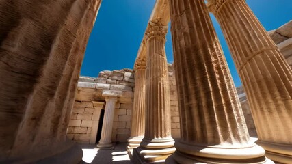 Ancient stone columns rise against a bright blue sky in the remains of an old architecture ruins, detailed masonry and stonework - Powered by Adobe