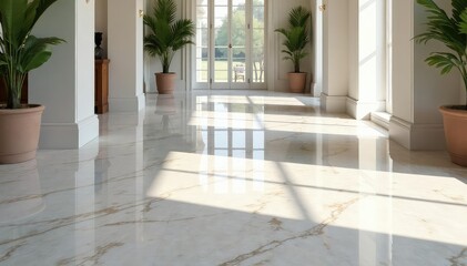 Gleaming marble floor, polished to a high shine, reflecting light , close up, detail