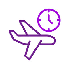 Flight status icon with airplane and clock in gradient outline style.