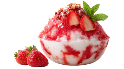 Korean Shaved Ice Dessert with Strawberry Toppings on Transparent Background

