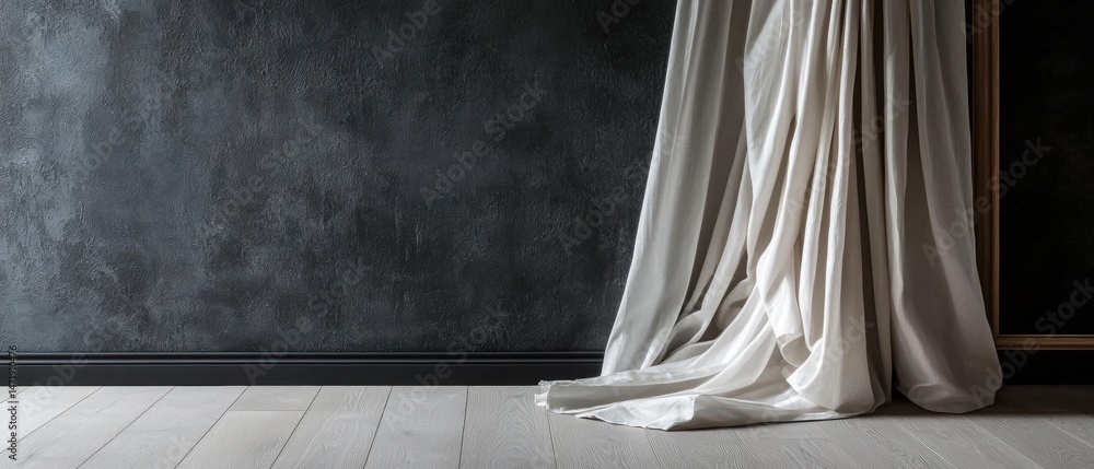 Poster empty room with a dark grey wall and wooden floor. on the right side of the image, there is a white 