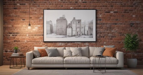 Cozy living room, poster mockup on brick wall with clips, room, blank
