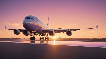 Airplane landing at sunset