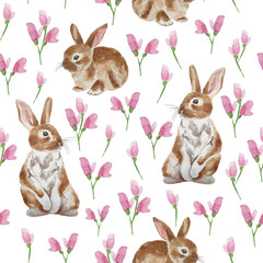 Watercolor brown rabbits illustration. Floral print with hares, bunnies anf flower branches. Cartoon cute seamless pattern.