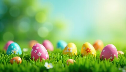 Colorful Easter eggs hidden in spring grass, ready for a hunt , activity, rabbit, colorful