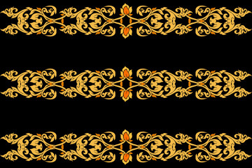 Elegant traditional Thai pattern with intricate golden floral and flame motifs on a black background. The seamless ornamental design is inspired by classic Thai art, suitable for textile design, cultu