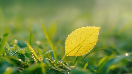 Single Yellow Leaf with Dew Drops on Green Grass