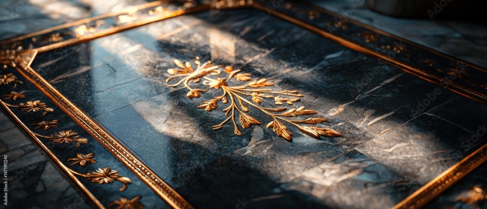 Poster close-up of a black marble surface with a gold border. the border is intricately designed with a flo