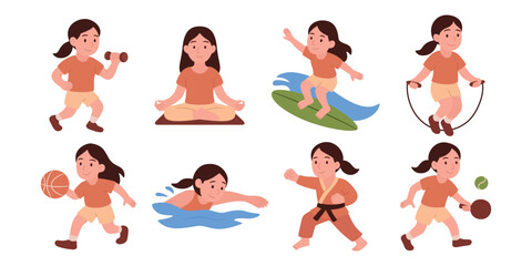 Vector Cartoon Active Girl Doing Various Sports Activities, Kids Fitness Illustrations Set. Child Exercise Clipart, - Swimming, Yoga, Basketball, Martial Arts, Fitness Workout, Tennis and Surfing