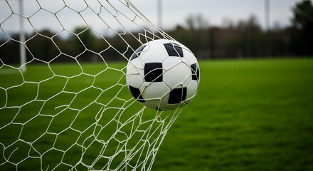 Goal! Soccer Ball in Net - Victory Shot, Football Game, Sports Photography, Green Field, Excitement!