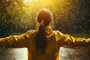 Woman in Yellow Raincoat Enjoying Rain  Peaceful Nature Scene  Serene Moment