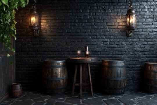 Dimly Lit Outdoor Bar Featuring Wooden Barrels and Stool Table Against a Dark Brick Wall with Hanging Lanterns and Rain in a Moody Night Time Atmosphere