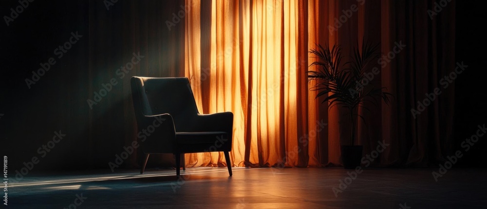 Poster dark room with a large orange curtain in the background. the curtain is made of sheer fabric and is 