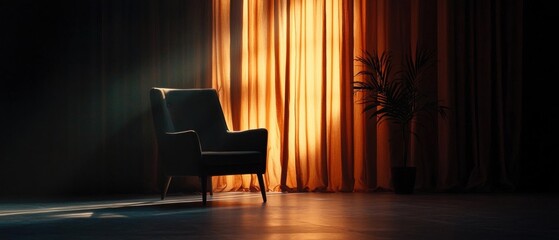 Fototapeta premium Dark room with a large orange curtain in the background. the curtain is made of sheer fabric and is draped in a way that creates a dramatic effect.