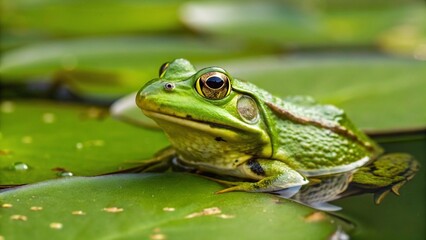 Obraz premium Close-up of a bright green frog with golden eyes sitting on a vibrant green lily pad in a pond with blurred water and other lily pads in the background