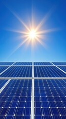 Sunlight shining on solar panels with clear blue sky