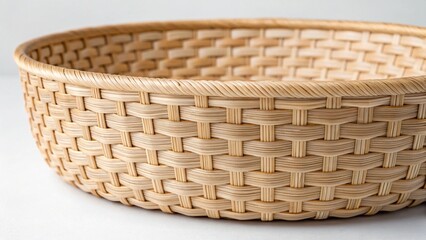 Detailed shot of a light brown woven basket with a circular rim, resting on a clean white background, highlighting the intricate weave and simple design