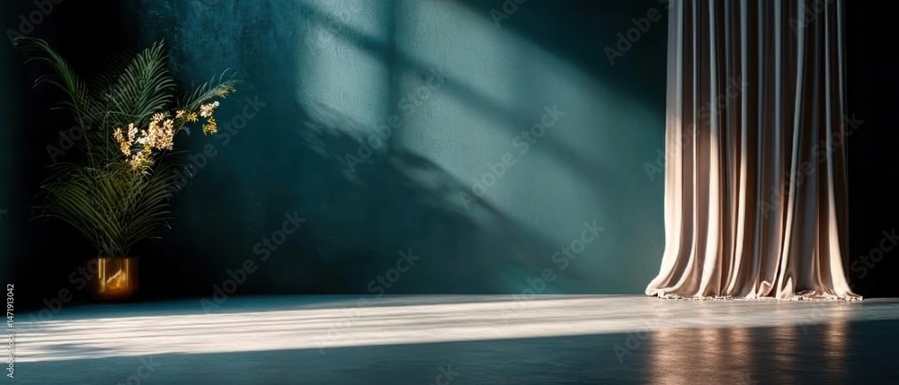 Poster empty room with a large window on the right side. the window is covered with a sheer white curtain t
