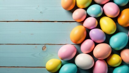 Obraz premium Pastel colored Easter eggs scattered on a rustic wooden background, creating a festive spring scene , egg hunt, texture, bright