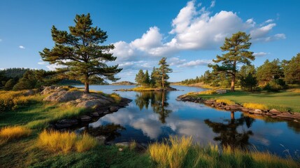 Obraz premium Serene Lake View with Towering Trees and Calm Reflections Under a Clear Blue Sky