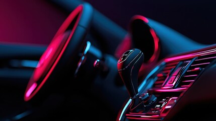 The interior of a car, specifically the gear shift and the dashboard. the gear shift is in the center of the image, with a black gear shift lever on the right side.