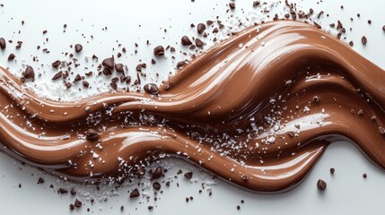 Swirling chocolate sauce with textured chocolate chips and sea salt sprinkles