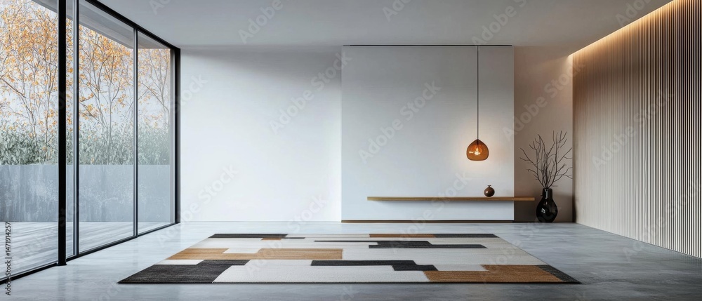 Aufkleber modern and minimalist interior space with a large window on the left side. the window has a view of 