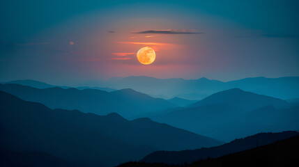 A serene landscape featuring layered mountains under a vibrant full moon at dusk or dawn scenery view
