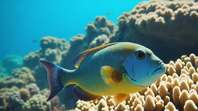 Vibrant Tropical Fish Swimming Among Coral in Clear Blue Water