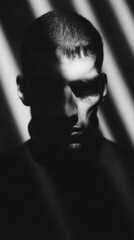 Fototapeta premium Close-up grayscale portrait of a man in shadow.