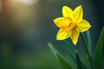 Fototapeta premium Single daffodil in bloom, yellow petals, green stem Close-up view against blurred background , flowering plant, vibrant