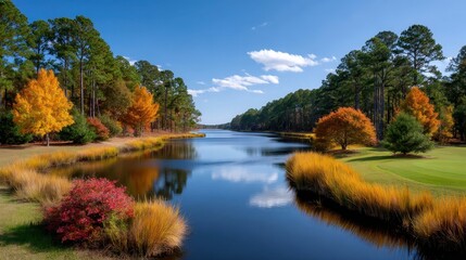 Fototapeta premium Serene Lake Surrounded by Vibrant Autumn Forest with Reflections on Calm Water Surface