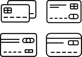 Minimalist Credit Card Line Icons &ndash; Black & White Payment Card Illustrations with Chip & Stripe Designs &ndash; Perfect for Banking, Finance, Shopping & Digital Transactions