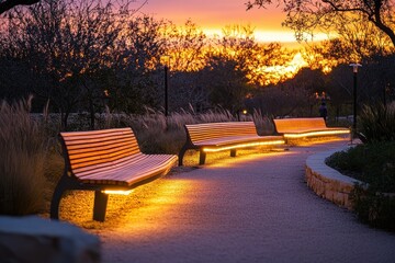 Illuminated Benches Along Stone Path in Park at Sunset Featuring Golden Light Shining Through Trees During a Warm Evening Scene