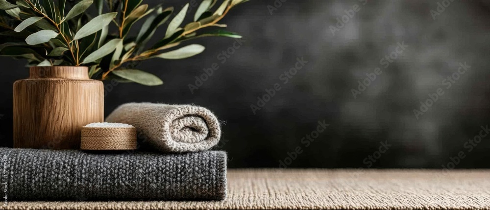Poster stack of rolled up towels on a wooden surface. the towels are grey in color and appear to be made of