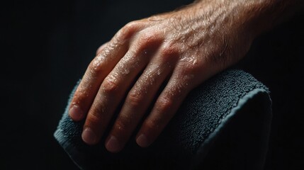 Fototapeta premium Close-up of a person's hand resting on a black object. the hand appears to be wet, with droplets of water visible on the skin.