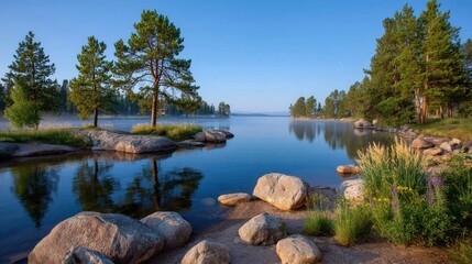 Serene Lake Reflecting Pine Trees Under Clear Blue Sky at Dawn in Peaceful Natural Setting