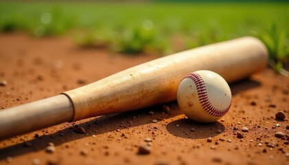 Close-up of a worn baseball bat resting on a dusty baseball field , close-up, retro