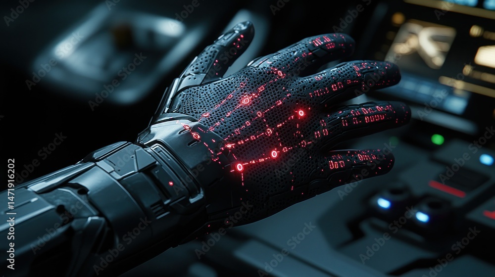 Poster futuristic cybernetic hand interacting with vehicle dashboard. advanced technology, intricate design
