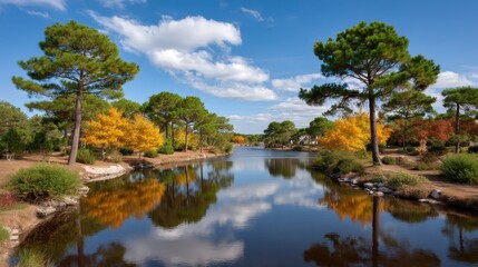 Fototapeta premium Majestic Autumn Lake Surrounded by Pine Forest Reflecting Beautiful Clouds and Colors